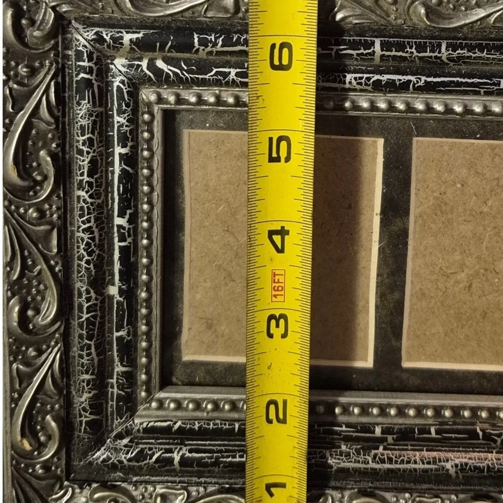 Vintage Style Triple Collage Photo Frame Ornate Black Silver Crackle 3 Opening